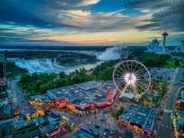 Aerial view of Clifton Hill, Niagara Falls and surrounding area.