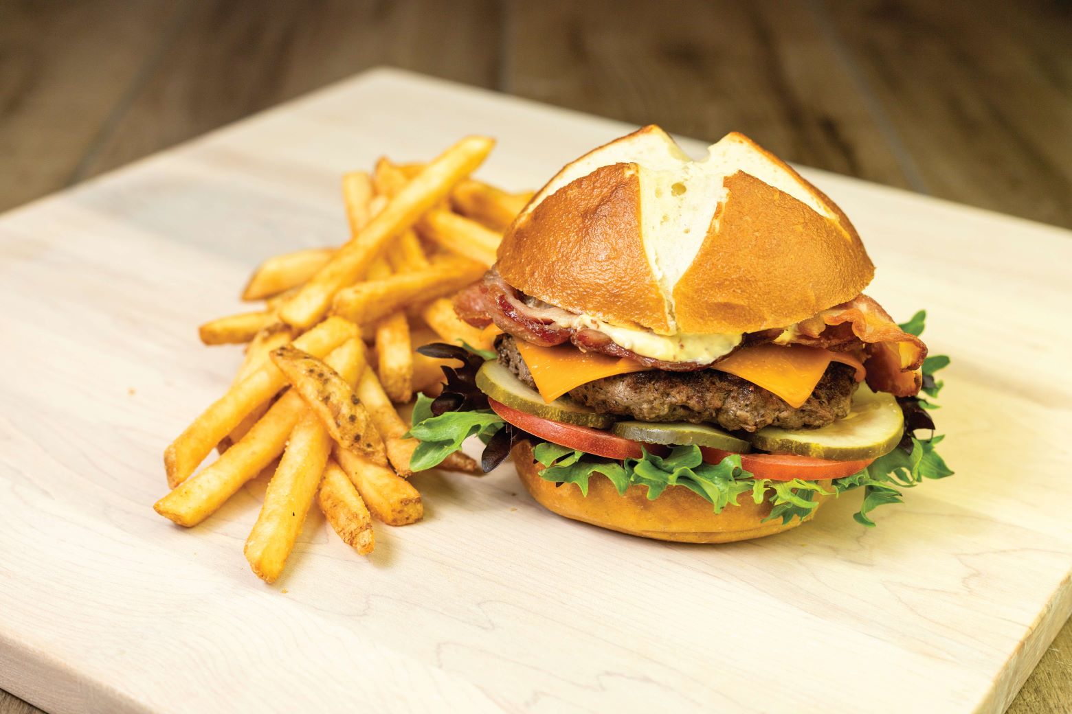 Bacon Cheddar Pretzel Burger